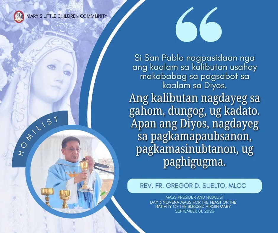 Quote card of Rev. Fr. Gregor D. Suelto, MLCC, homilist at the Day 3 novena Mass for the Nativity of the Blessed Virgin Mary.