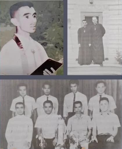 Three old photographs of the young Fred Kriekenbeek: a painted portrait of him holding a book, standing in a black cassock beside another priest at a church door, and a group photograph of eight young men in white shirts.