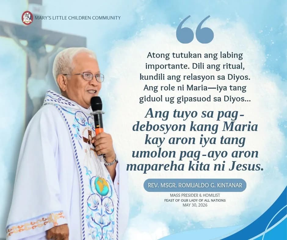 Quote card of Rev. Msgr. Romualdo G. Kintanar, homilist on the Feast of Our Lady of All Nations.