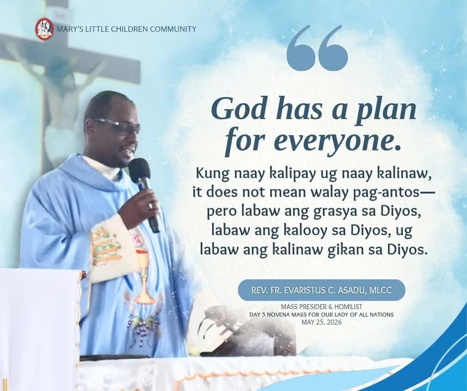 Quote card of Rev. Fr. Evaristus C. Asadu, MLCC, homilist at the Day 5 novena Mass for Our Lady of All Nations.