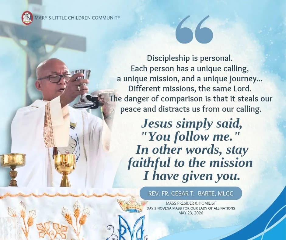 Quote card of Rev. Fr. Cesar T. Barte, MLCC, homilist at the Day 3 novena Mass for Our Lady of All Nations.